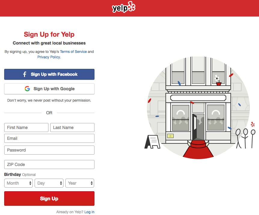 yelp sign-up page
